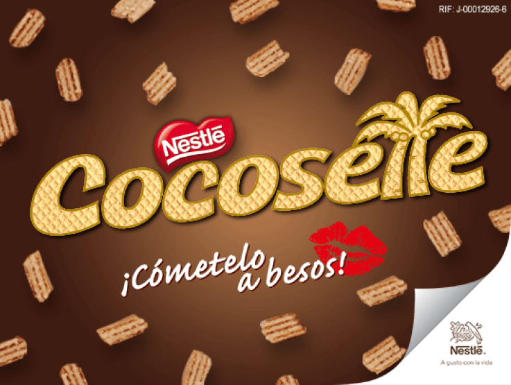 Obleas COCOSETTE® al por mayor esparcidas sobre fondo marrón con el texto ¡Cómetelo a besos!.