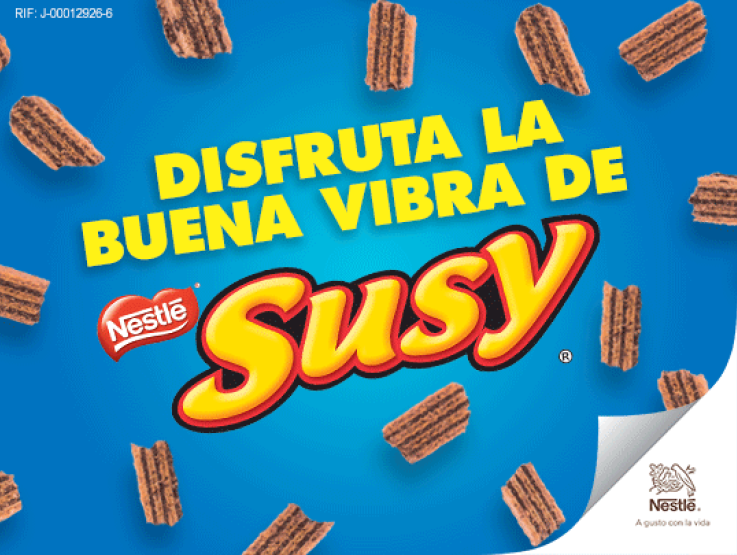 Trozos de oblea de chocolate rodean el texto: “Disfruta la buena vibra de NESTLÉ® SUSY® al por mayor.”