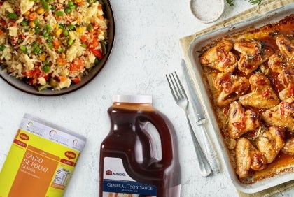 Una receta de arroz y otra de alitas de pollo realizadas con productos culinarios MAGGI® Y MINOR'S®.