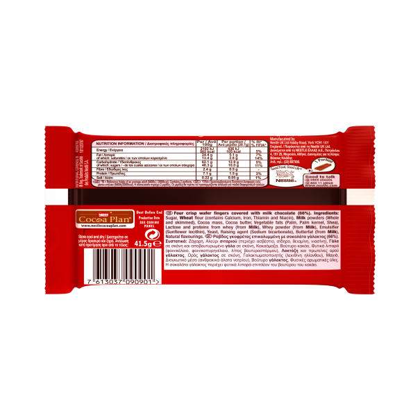 Parte de atrás del envoltorio de la barra de Chocolate KitKat 4 Finger con los ingredientes e información nutricional