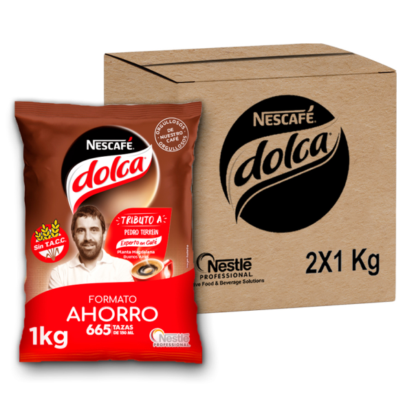Bolsa de Café Nescafé Dolca de 1 kg junto a una caja de Nescafé Dolca 2x1 kg
