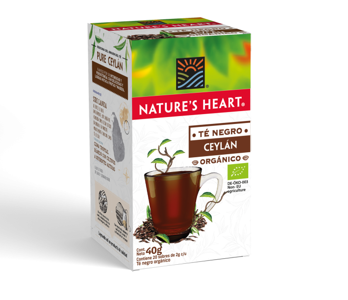 Caja con 20 sobres Té Negro Ceylán Orgánico Nature’s Heart por 20 sobres de 2g c/u