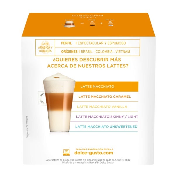 Parte trasera de la caja de Nescafé Dolce Gusto Latte Macchiato por 16 Cápsulas con la variedad de los lattes