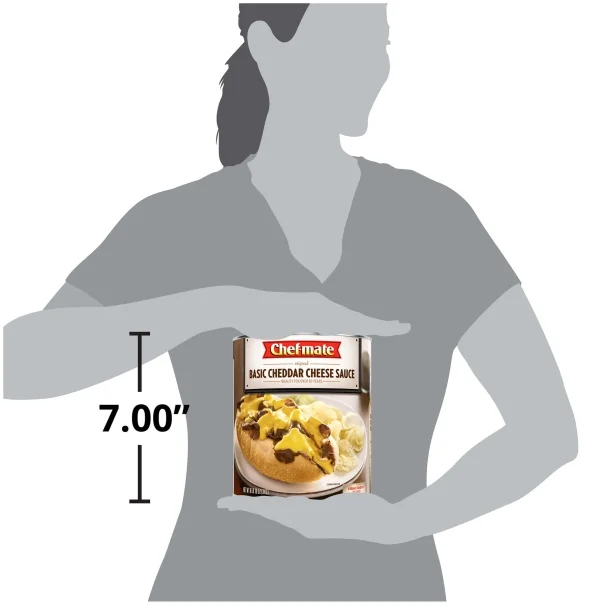 Silueta de mujer sosteniendo una lata de Chef-mate Basic Cheddar Cheese Sauce que tiene de alto 7 pulgadas