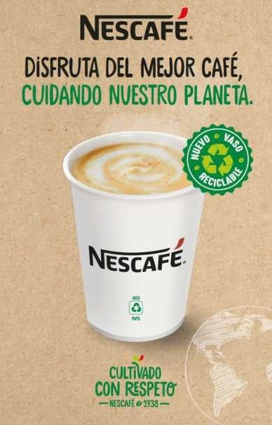 Vaso reciclable color blanco de Nescafé con café en su interior