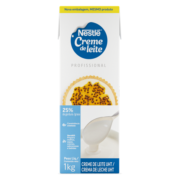 Nestlé Creme de Leite: Lata de 1 kg de crema de leche UHT profesional con 25% de grasa. Ideal para recetas.