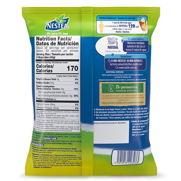Tabla nutricional té frío con azúcar y sabor natural a limón. Contenido neto de 1 kg: NESTEA Té frío sabor limón, 1 kg.