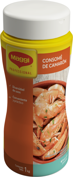 Vista picado de tarro de Consomé de Camarón MAGGI® 1kg