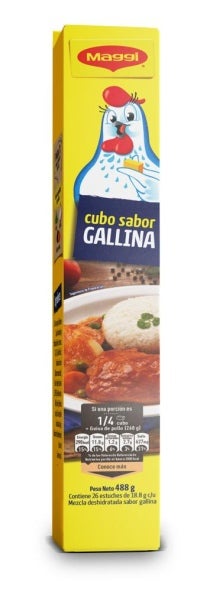 Empaque de cubo sabor gallina MAGGI® con diseño de una gallina y un plato de comida en la caja amarilla