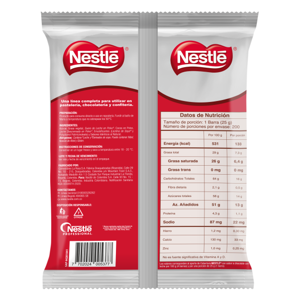 Vista posterior de bolsa de 5kg de Cobertura de Chocolate con Leche NESTLÉ®