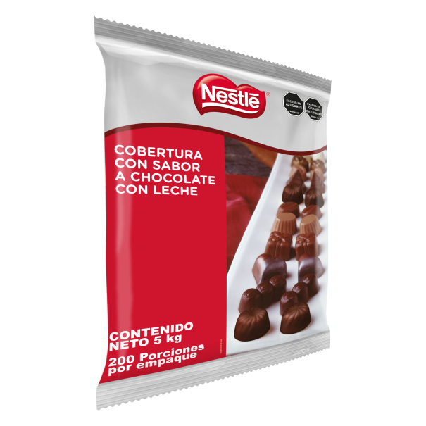 Vista lateral de bolsa de 5kg de Cobertura de Chocolate con Leche NESTLÉ®