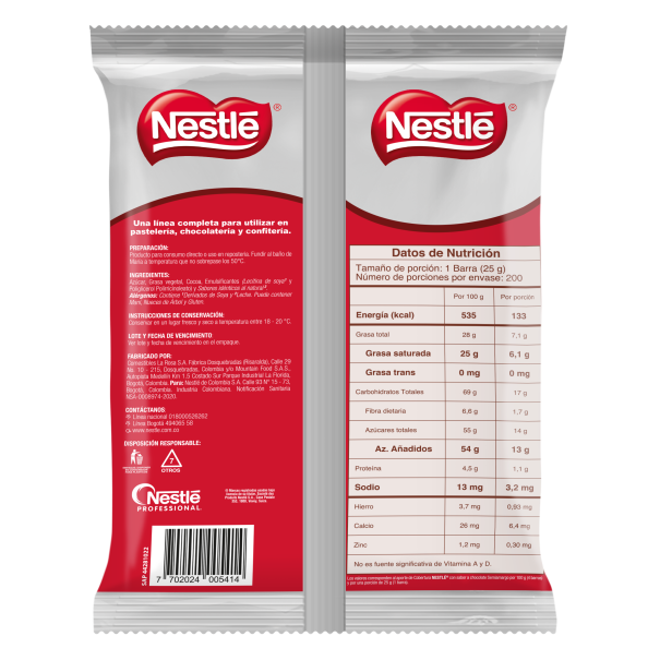 Vista posterior de bolsa de 5kg de Cobertura de Chocolate Semiamargo NESTLÉ®