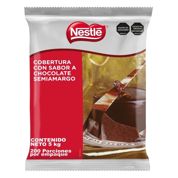 Vista frontal de bolsa de 5kg de Cobertura de Chocolate Semiamargo NESTLÉ®