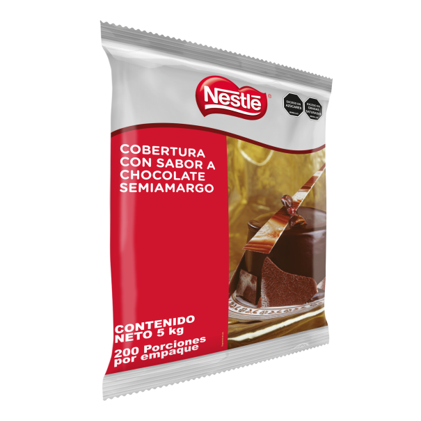 Vista lateral de bolsa de 5kg de Cobertura de Chocolate Semiamargo NESTLÉ®