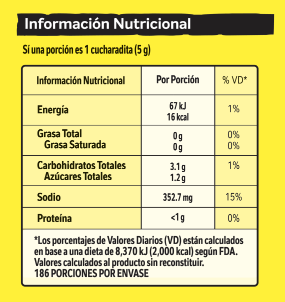 Tabla nutricional de MAGGI® Condimento Pastor x 930g