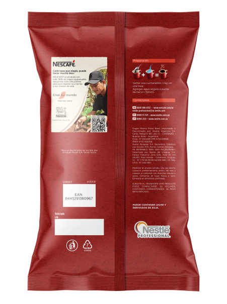 Dorso de pack rojo de café instantáneo NESCAFÉ Tradición con imagen de una taza de café y granos, etiquetado 1 kg