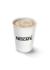 Vaso biodegradable color blanco de Nescafé con bebida caliente en su interior