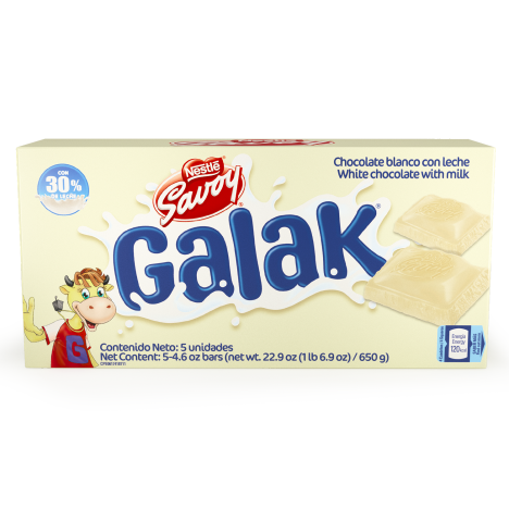 Chocolate blanco con leche Galak de Nestlé. Viene en un paquete con 5 barras, y su contenido neto es de 650 g