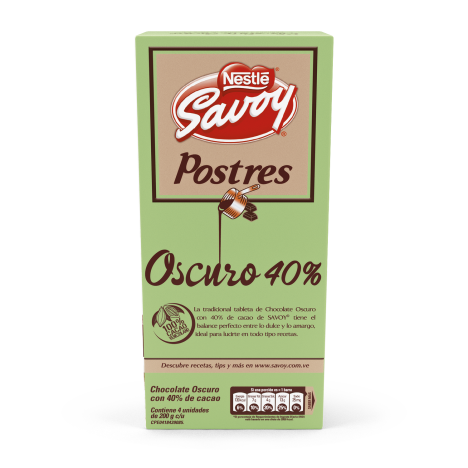 Chocolate oscuro Nestlé Savoy con un 40% de cacao, ideal para postres