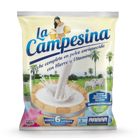 La Campesina Leche en Polvo: Enriquecida con hierro y vitaminas, rinde 6 litros. Ideal para preparar bebidas y recetas