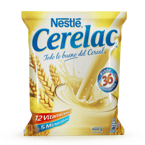 Bolsa de CERELAC es una bebida a base de trigo que contiene vitaminas, minerales y probióticos. Presentación de 900 g.