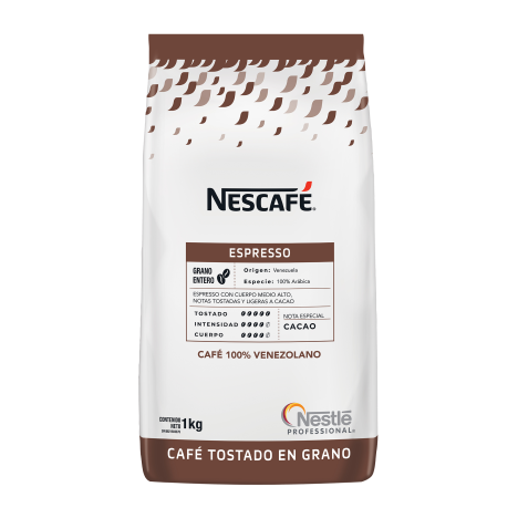 Café tostado en grano Nescafé Espresso en bolsa frontal de 1kg. Suministro para cafeterías y restaurantes profesionales