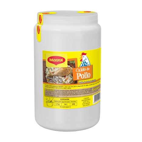 Tarro blanco de etiqueta amarilla de 1.7 kilos de caldo de pollo deshidratado de la marca Maggi.