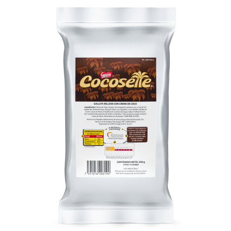 Galletas Cocosette rellenas de crema con sabor a coco, peso es de 50 gramos. ¡Una opción para los amantes del coco!