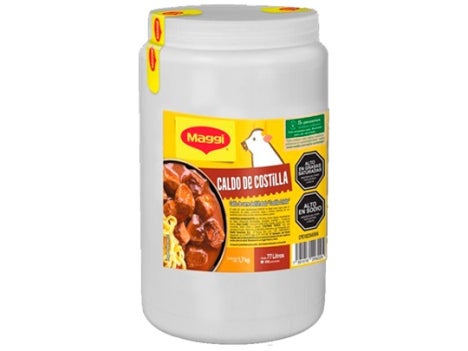 Tarro blanco de etiqueta amarilla de 1.7 kilos de caldo de costilla MAGGI® desmenuzado con especias para dar sabor.
