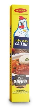 Empaque de cubo sabor gallina MAGGI® con diseño de una gallina y un plato de comida en la caja amarilla