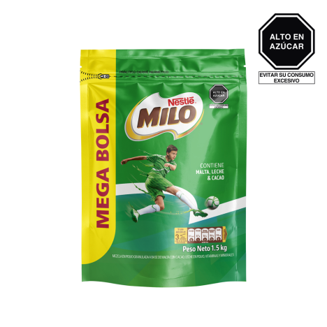 Mega bolsa de MILO® de 1.5kg con diseño de un jugador de fútbol, contiene malta, leche y cacao