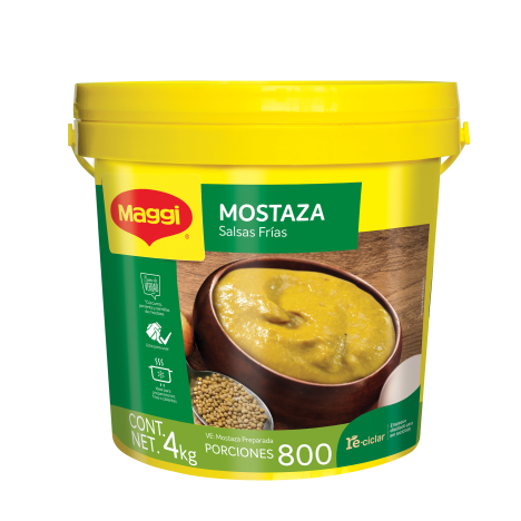 Bote de Mostaza MAGGI® de 4kg con una etiqueta que destaca su textura, rendimiento y beneficios.