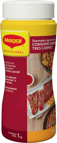 Vista frontal de tarro MAGGI® Consomé 3 Carnes x 1Kg