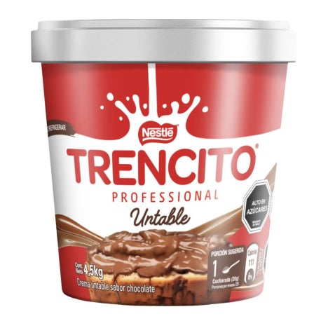 Vista frontal de TRENCITO® untable de chocolate en balde de 4.5kg