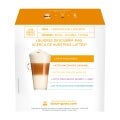 Parte trasera de la caja de Nescafé Dolce Gusto Latte Macchiato por 16 Cápsulas con la variedad de los lattes