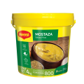 Bote de Mostaza MAGGI® de 4kg con una etiqueta que destaca su textura, rendimiento y beneficios.