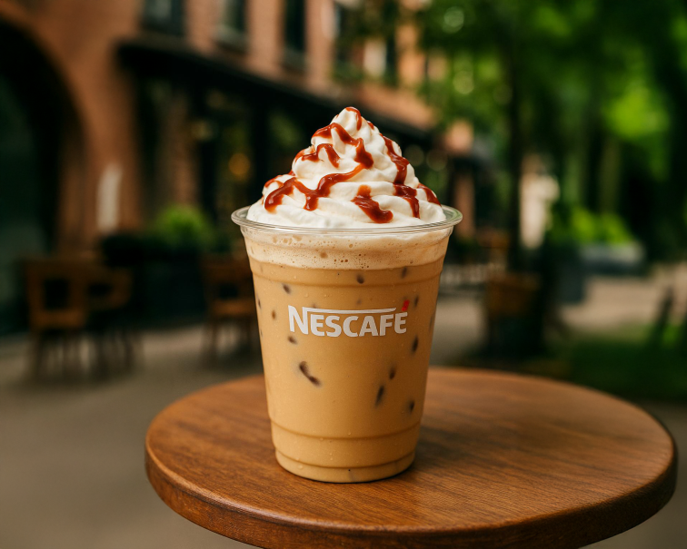 Vaso de plástico transparente con el logo de Nescafé, lleno de café helado con hielo, coronado con crema batida.