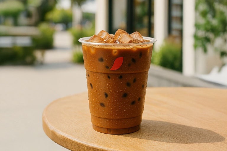 Vaso Transparente NESCAFÉ con receta Mokacciono Hot Over Ice sobre una mesa en el exterior de una confiteria