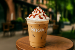 Vaso de plástico transparente con el logo de Nescafé, lleno de café helado con hielo, coronado con crema batida.