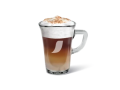 Un vaso de vidrio transparente con Cappuccino Vainilla de Coco