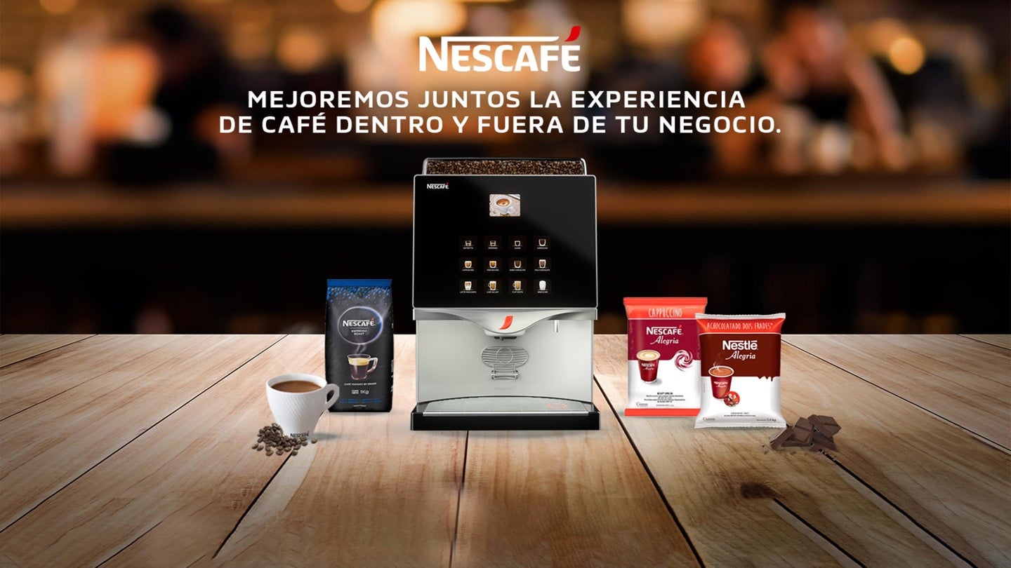 Anuncio: Mejoremos juntos la experiencia de café dentro y fuera de tu negocio con máquina y taza de café y productos Nescafé