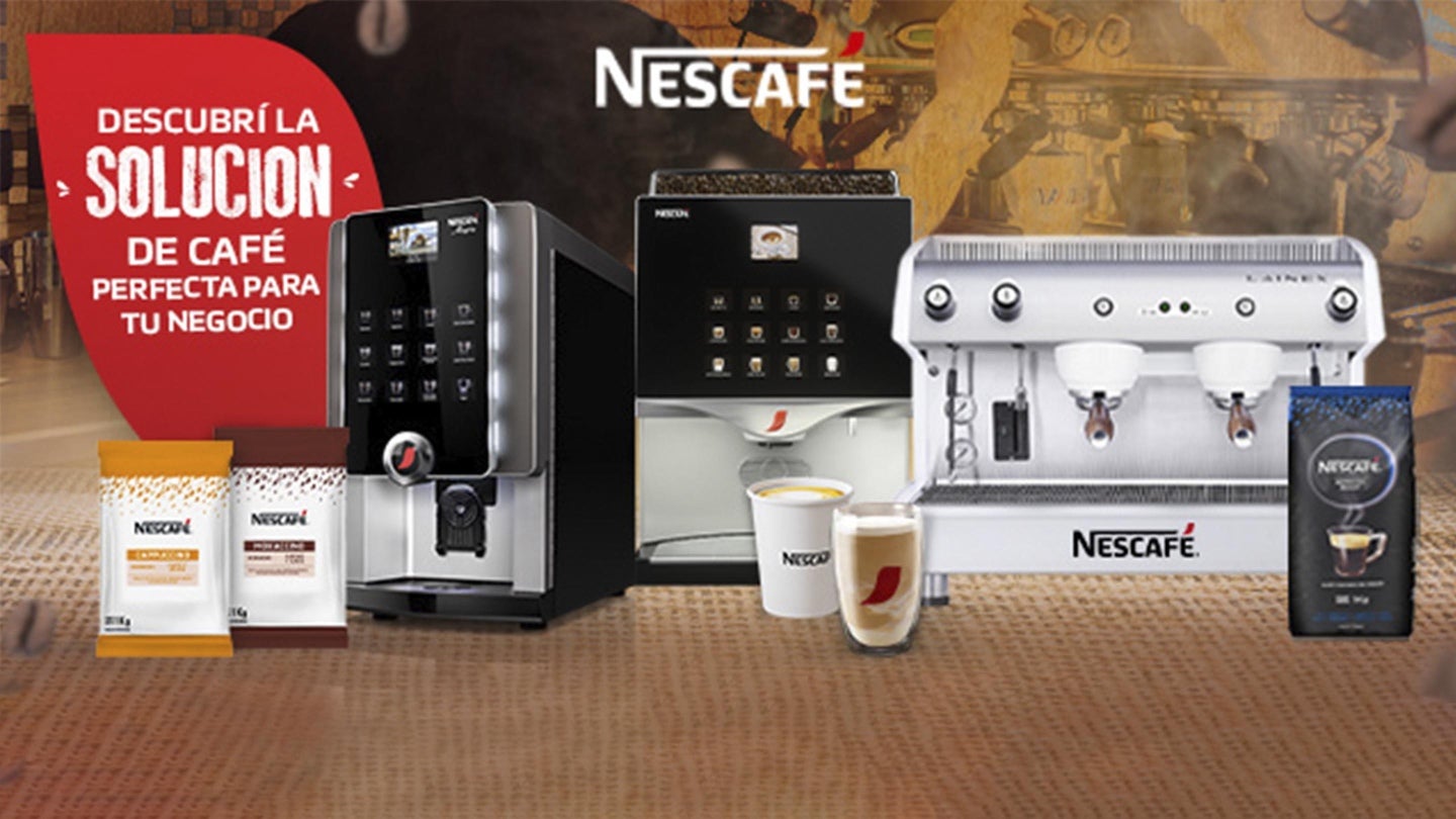 Anuncio: Descubrí a solución de café perfecta para tu negocio con 3 máquinas de café, 2 tazas de café y 3 productos Nescafé