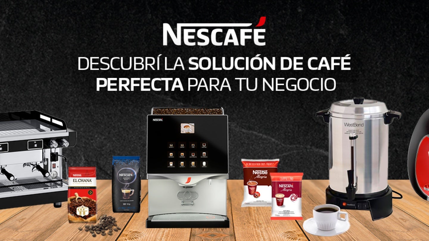 Anuncio: Descubre la solución de café perfecta para tu negocio con 3 máquinas de café, 1 taza de café y 4 productos Nescafé