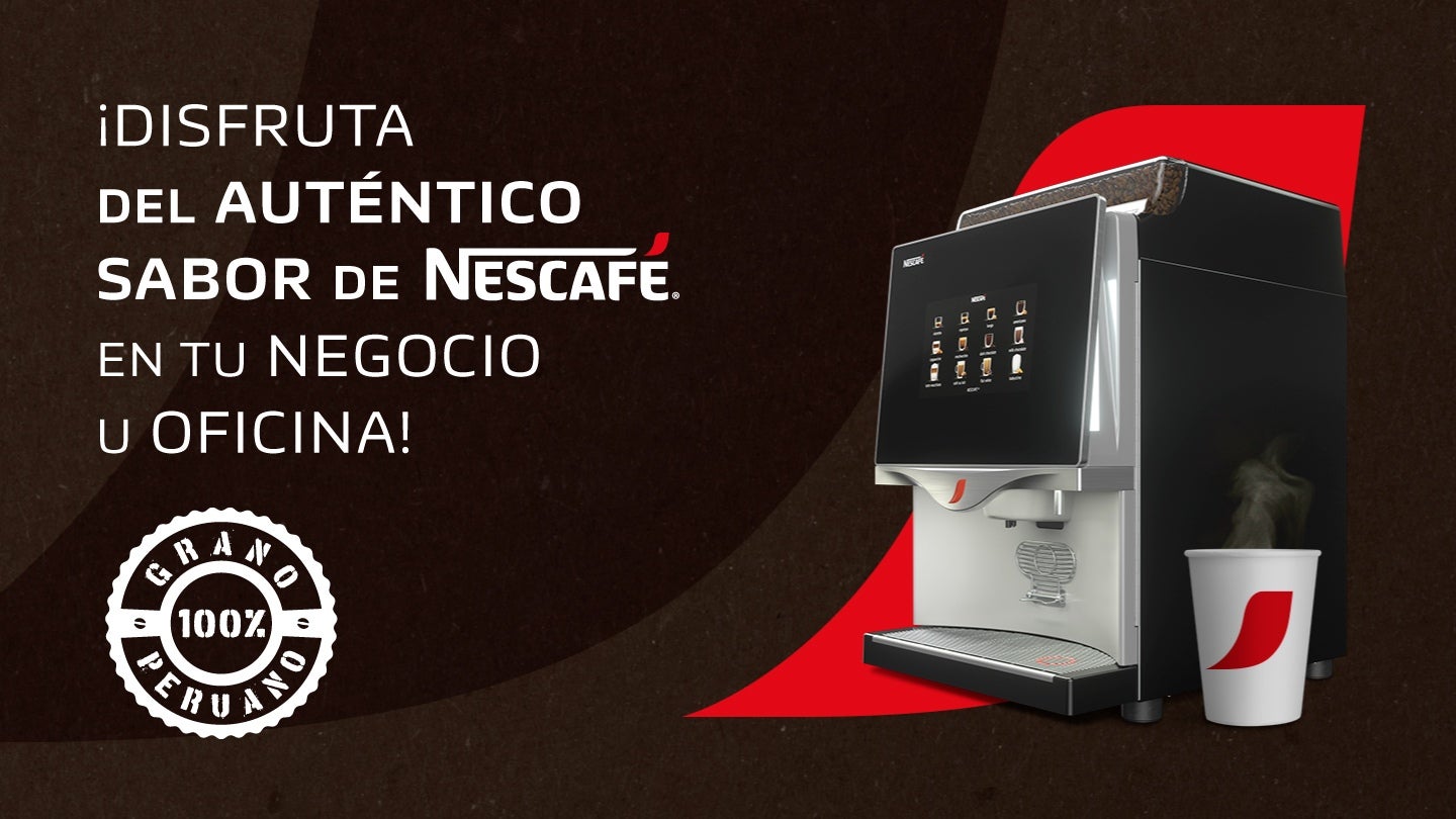 Máquina de café NESCAFÉ® con texto 'Disfruta del auténtico sabor de NESCAFÉ® en tu negocio u oficina', fondo marrón
