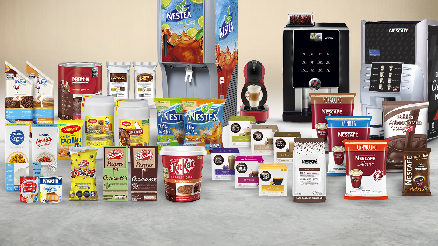 Productos y máquinas de Nestlé Professional junto a leyenda “Las mejores soluciones en bebidas para tu negocio”
