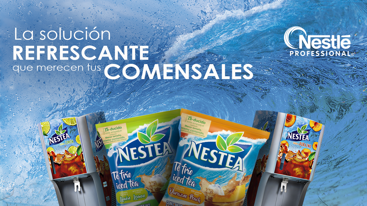 Máquinas y productos NESTEA junto a leyenda “La solución refrescante que merecen tus comensales” 