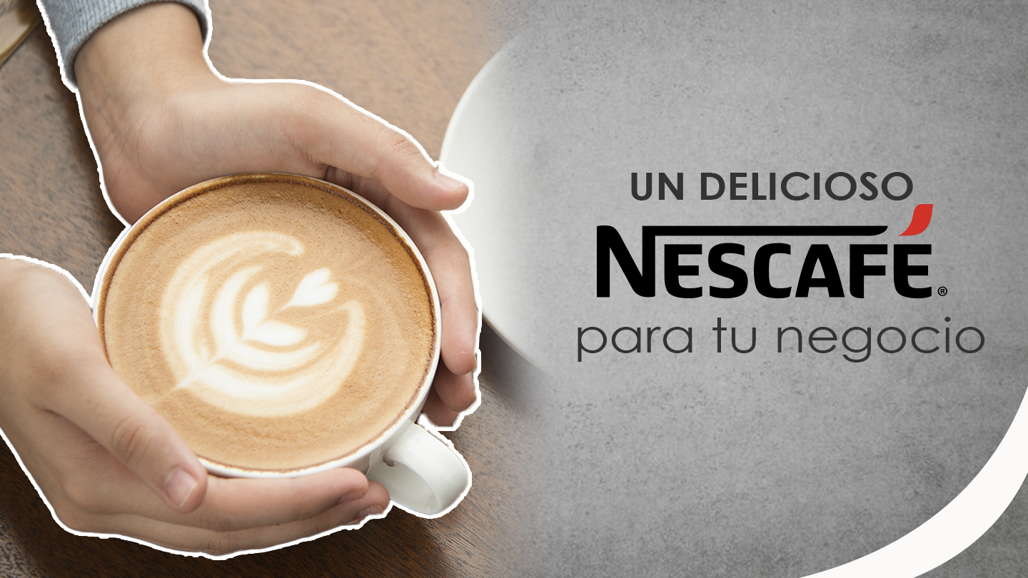 Manos de persona rodeando taza de café junto a leyenda “Un delicioso Nescafé para tu negocio” 