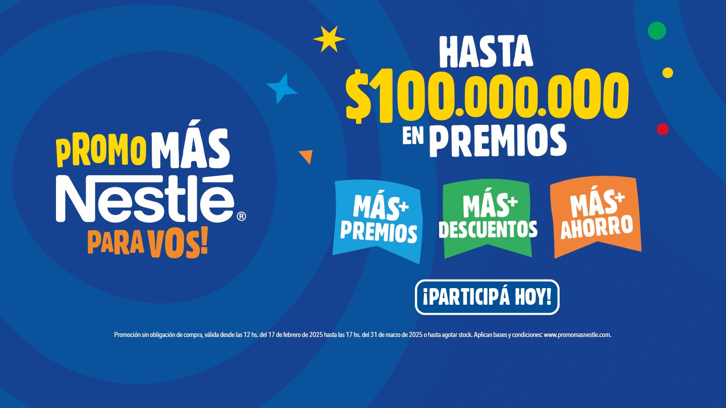 Banner de la promo 'Más Nestlé para vos' con premios de hasta $100M, descuentos y ahorros. Vigencia: 17/02 al 31/03/2025.