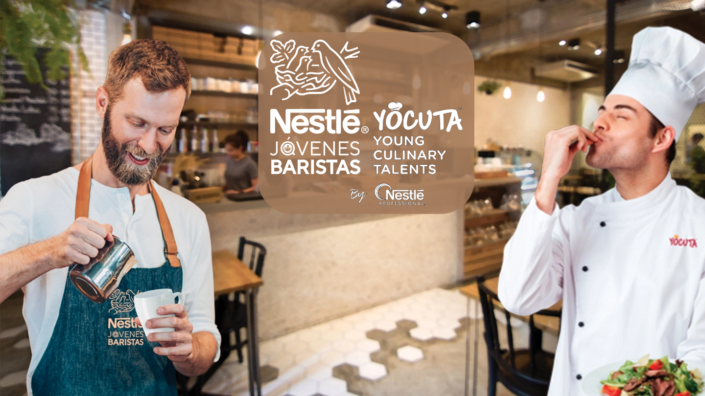 Publicidad de Nestlé Jóvenes Baristas y YOCUTA, mostrando a dos personas en un café. 