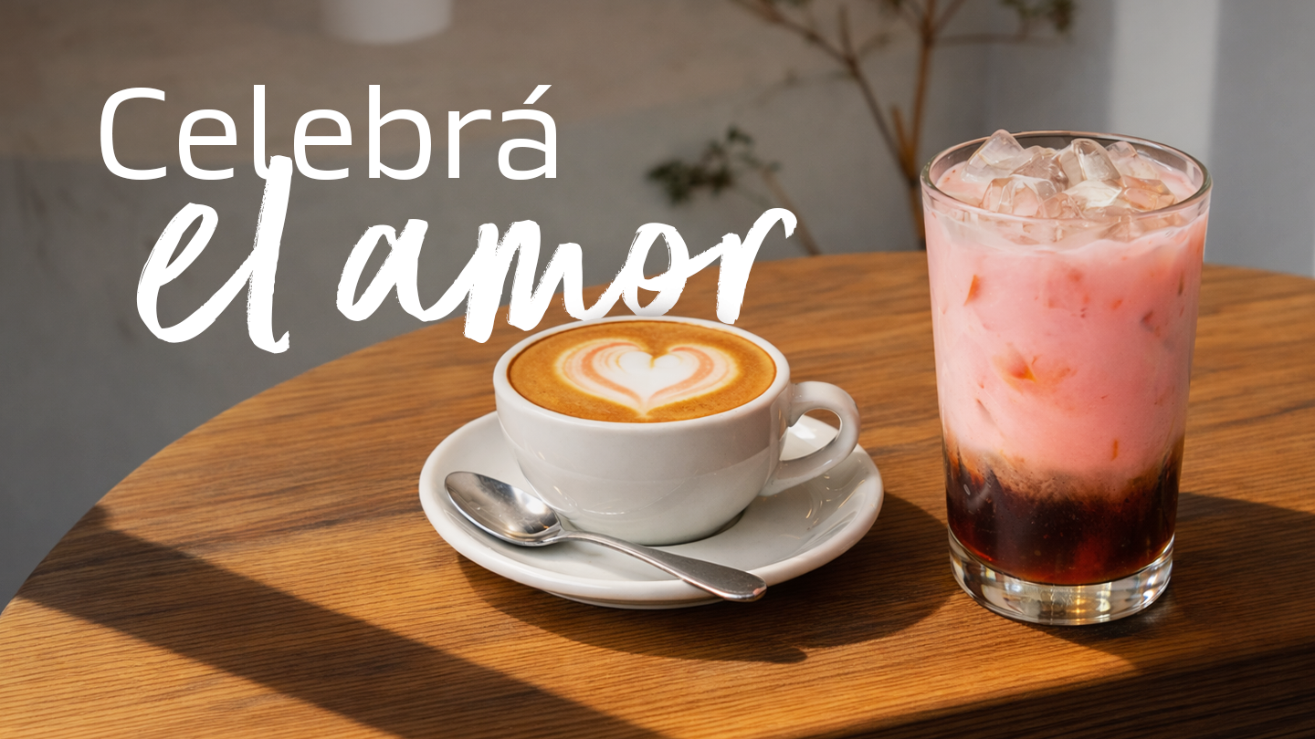 Una mesa con 2 bebidas: una taza de café con arte latte en forma de corazón y un vaso con bebida fría rosa